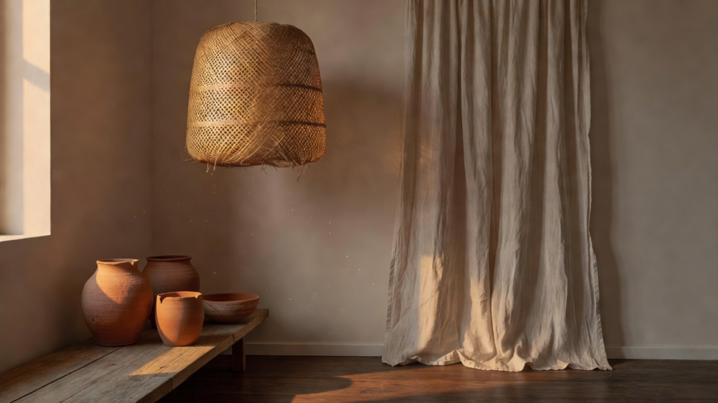 Détail de textures naturelles : bois, lin et céramique dans un intérieur