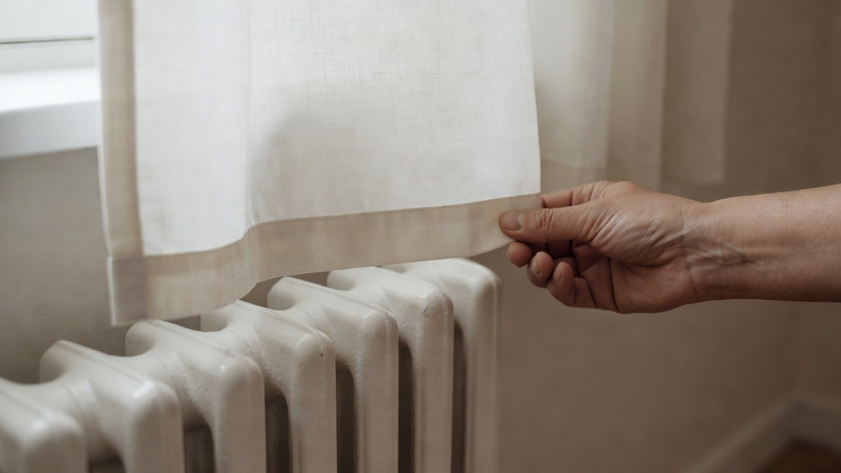 Main qui tient le bas d'un rideau clair au-dessus d'un radiateur en fonte.
