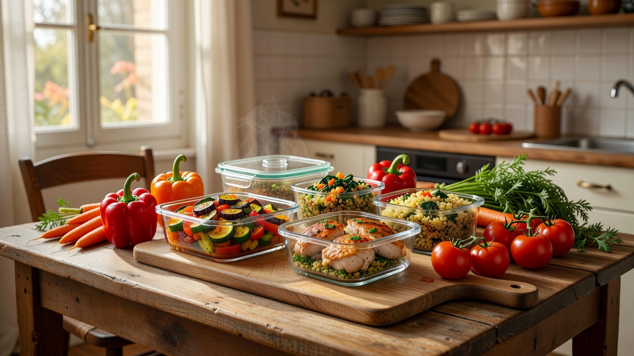 Table de cuisine avec un menu de la semaine, une liste de courses et des ingrédients prêts à cuisiner