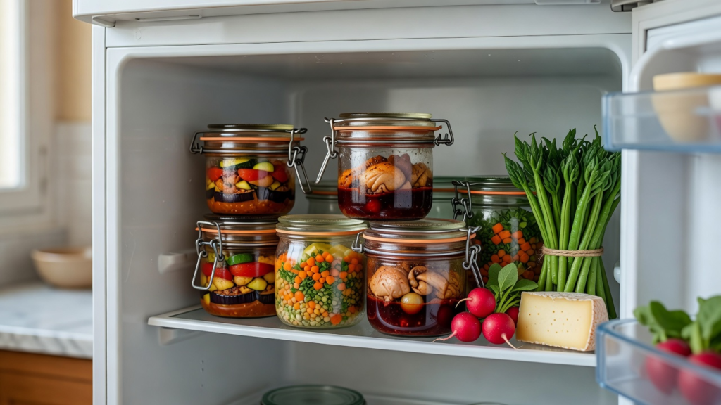 Plats préparés et boîtes étiquetées rangés pour les dîners de la semaine