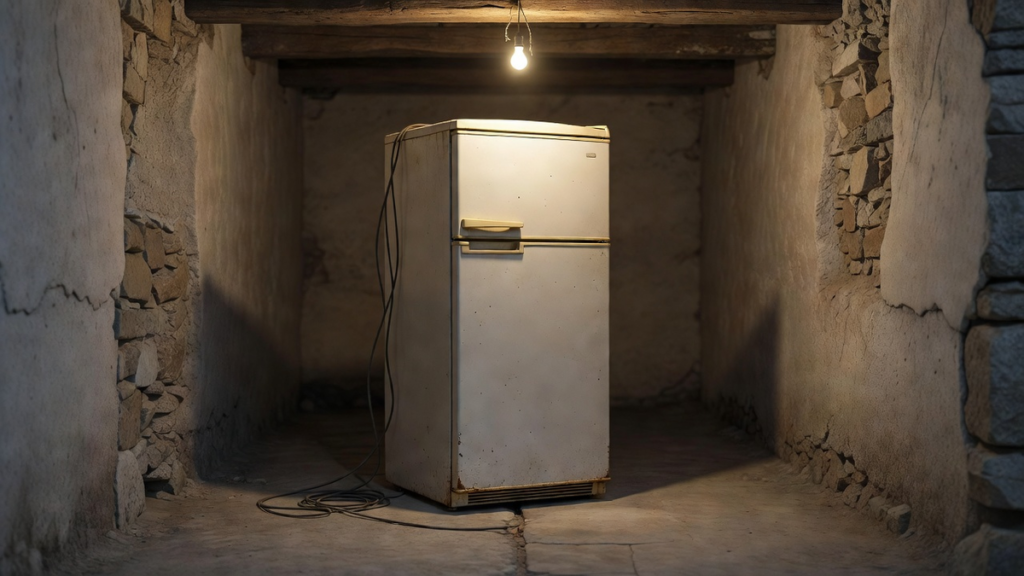 Vieux réfrigérateur combiné avec joint de porte fatigué et givre fin au congélateur supérieur