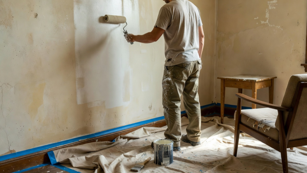 Préparation d'un mur avant peinture, enduit et masquage des plinthes
