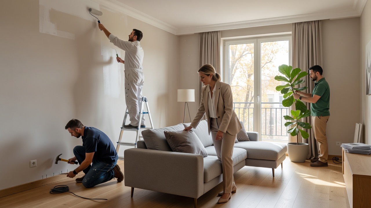 Intérieur d'un logement préparé pour une visite, lumière naturelle sur un salon aux tons neutres